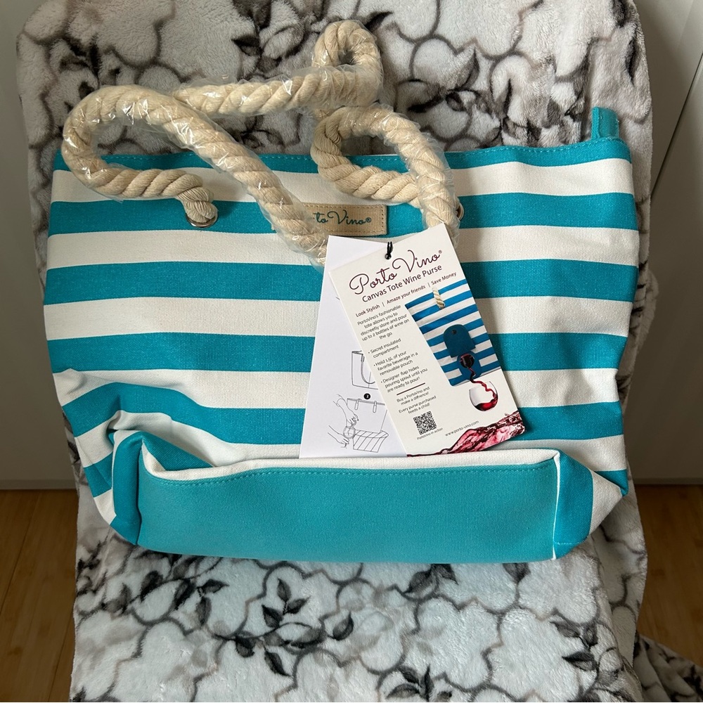NWT Porto Vino Teal White Striped Secret Insulated Wine Tote Bag Purse